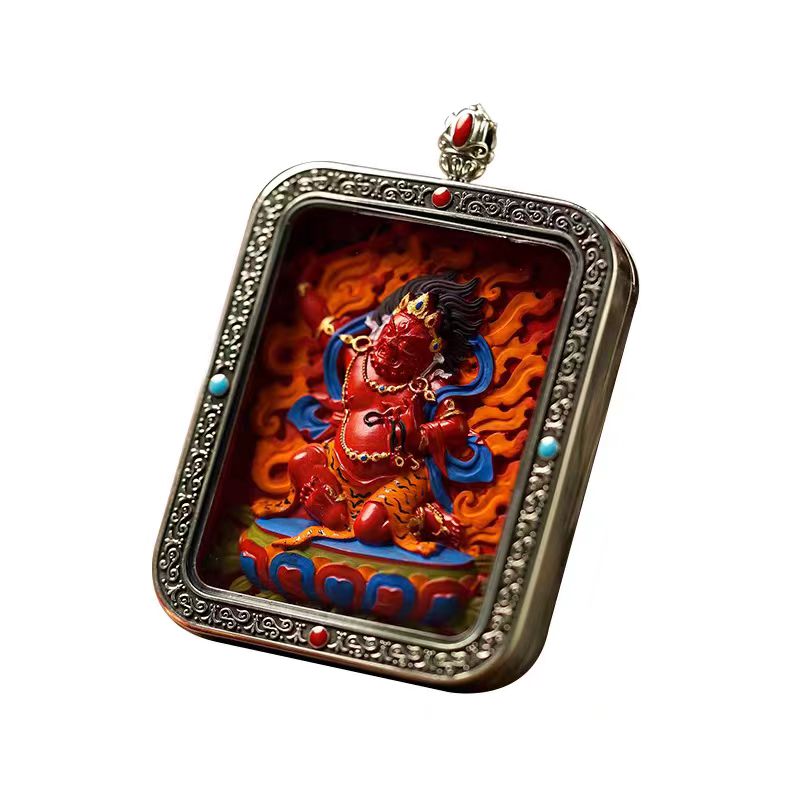 Tibetan painted cinnabar natal Buddha thangka pendant