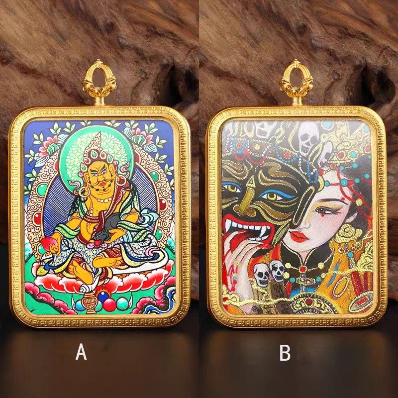 Tibetan double-sided gold-painted Bodhisattva thangka pendant